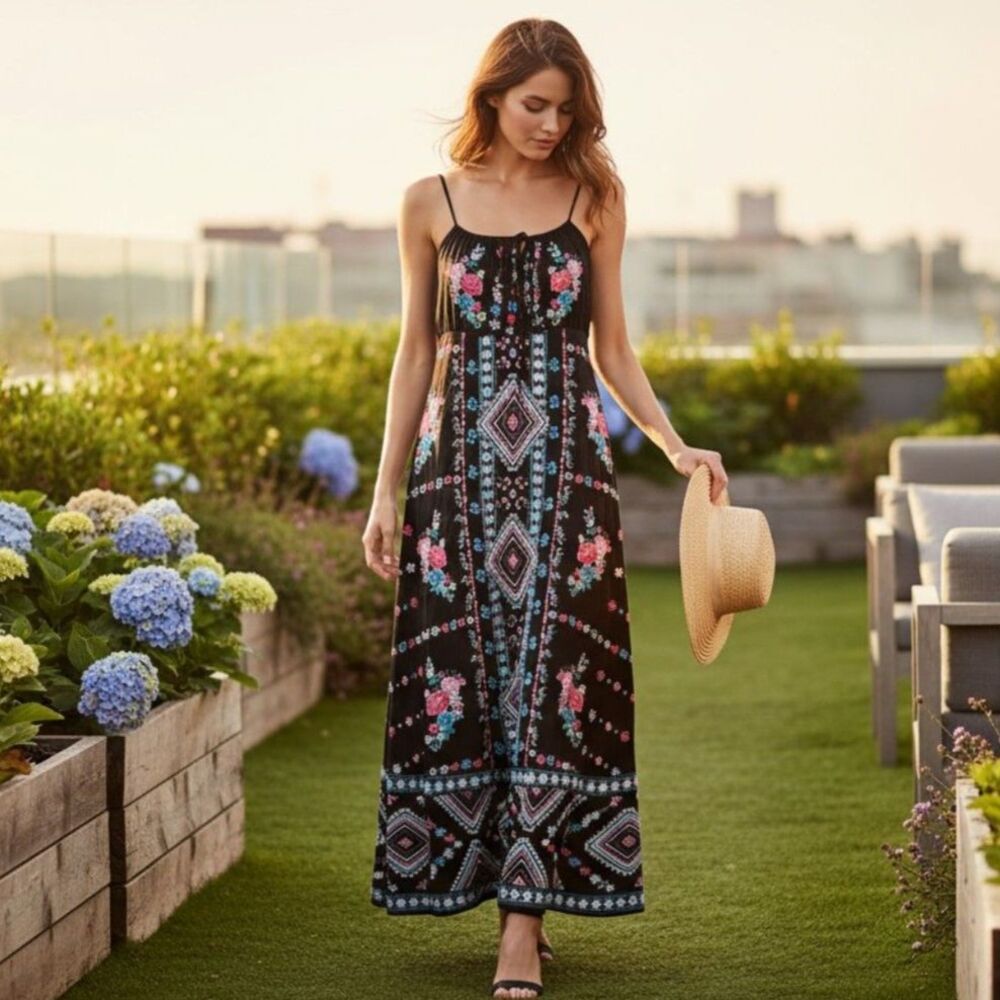 SAVANNA JANE Women's Bohemian Ethnic Embroidered Camisole Maxi Dress Sz M
